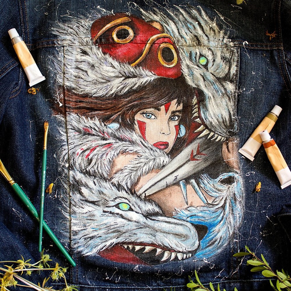 Vintage Denim Jacket Princess Mononoke Women's L Size Hand Painted Art
